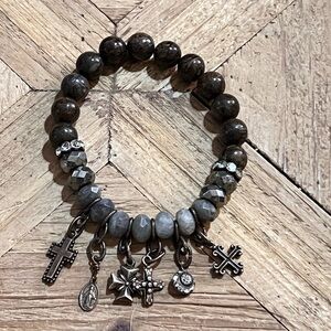Natural Bronzite Labradorite Pyrite cross Christian Catholic Charm Bracelet